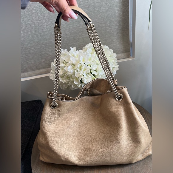 AUTHENTIC GUCCI Pebbled Calfskin Large Soho Chain Shoulder Bag Rose Beige - Picture 2 of 11